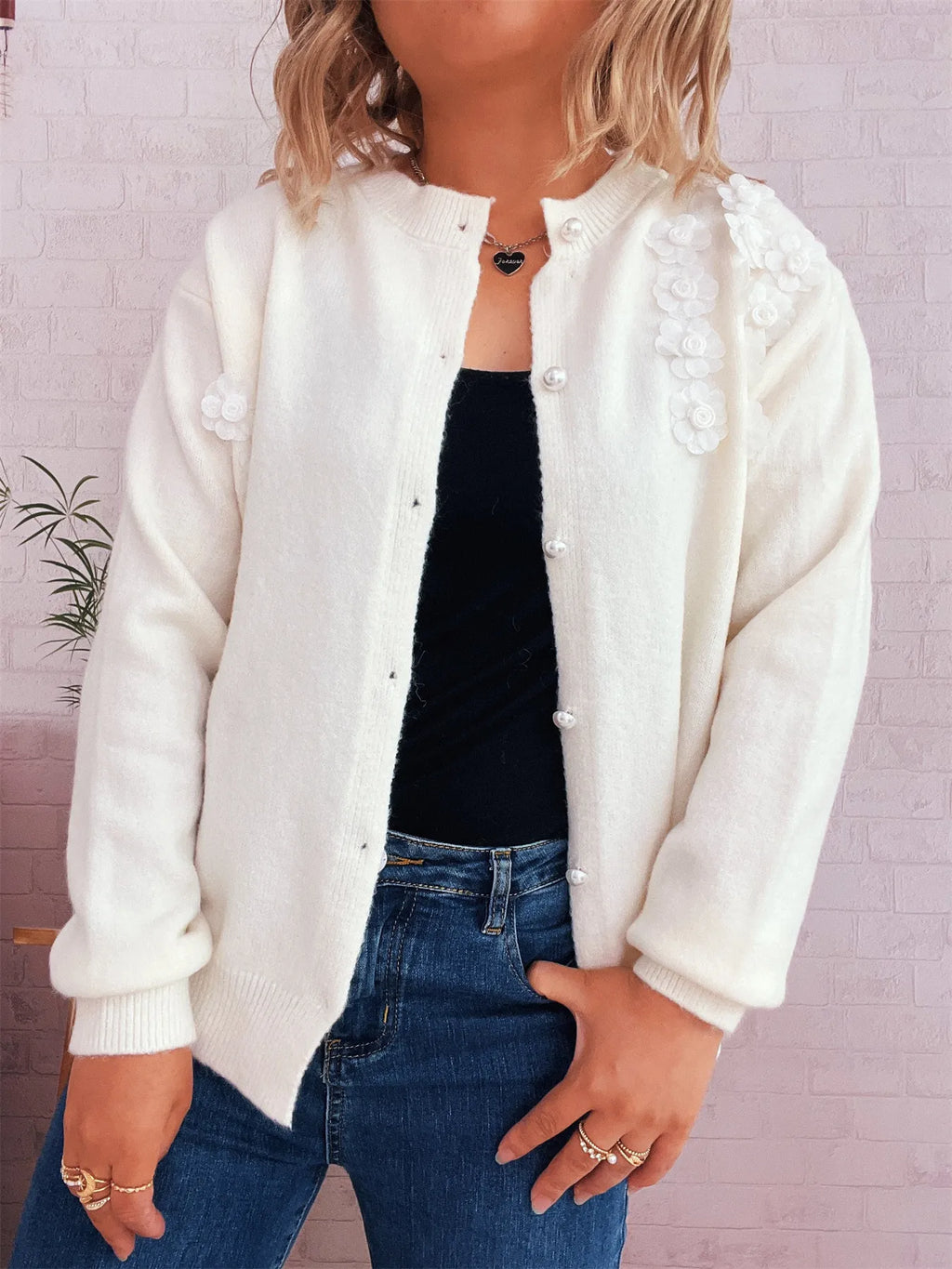 Sarah Express Women's Flower Button Up Long Sleeve Cardigan