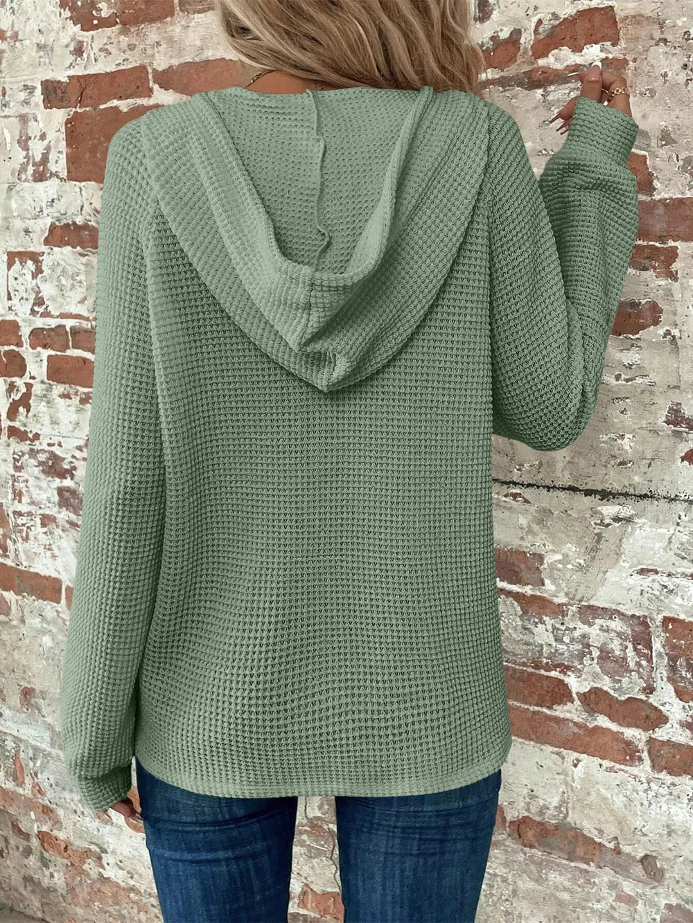 Sarah Express Women's Waffle Knit Long Sleeve Drawstring Hooded Top