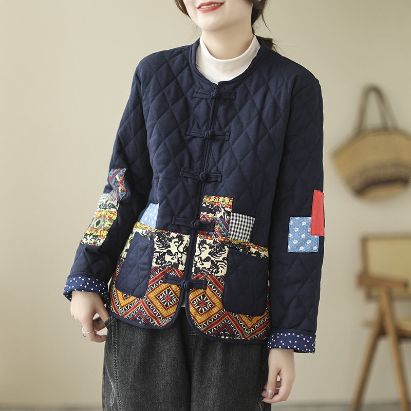 Women's Vintage Patch Cardigan Jacket Cotton-Padded Buckle Closure Rhombus Pattern Coat