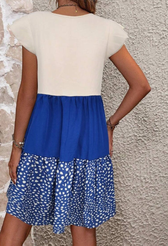 Color Block Floral Print Dress Ruffle Detail Pullover