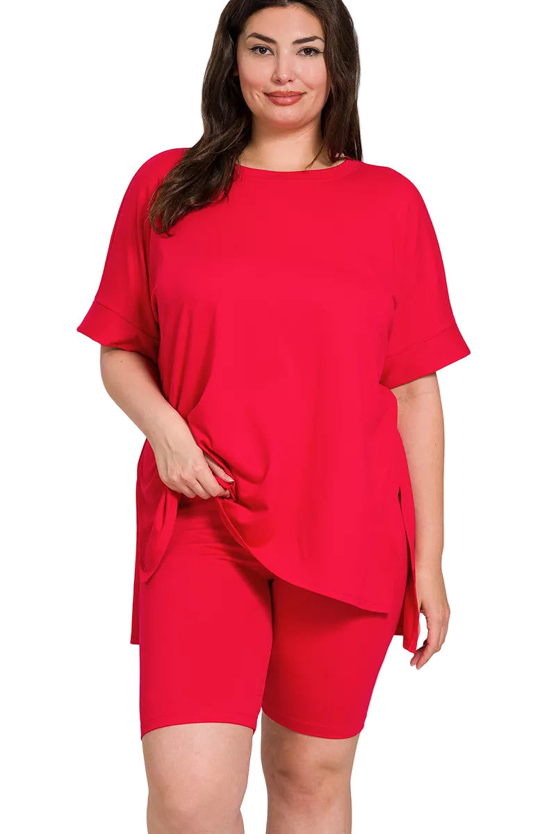 Sarah Express Women’s Plus Size Brushed Microfiber Top and Biker Shorts Set