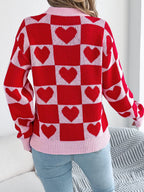 Sarah Express Women's Heart Checkerboard Pattern Round Neck Sweater