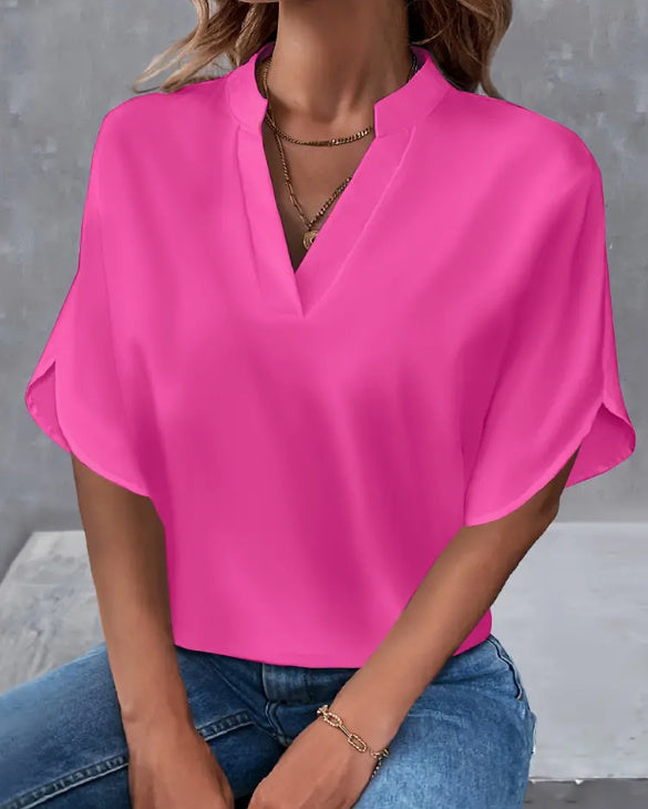 Notch Neck Blouse Split Sleeves Lightweight Summer
