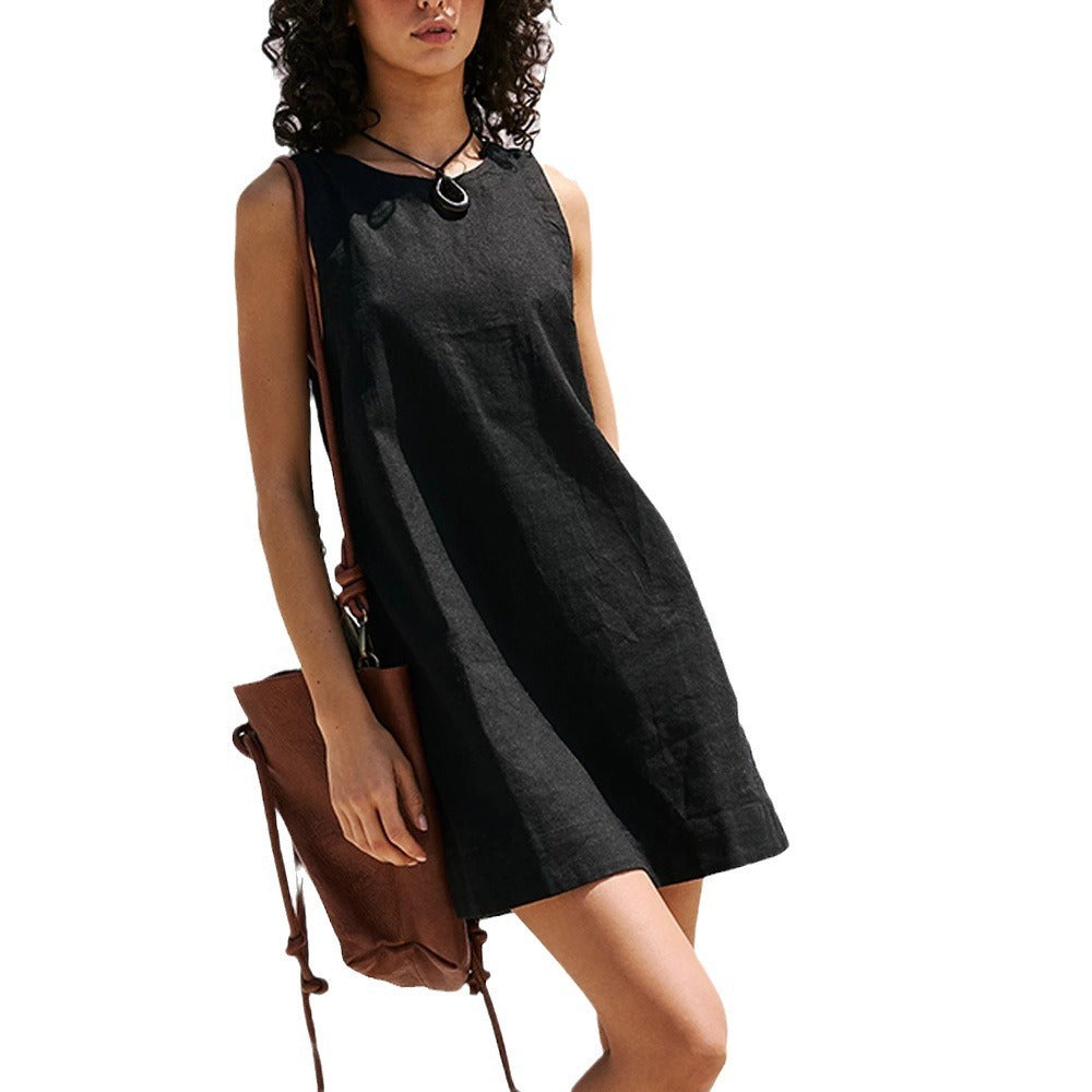 Women's Cotton Linen Backless Mini Dress Sleeveless Vest Style