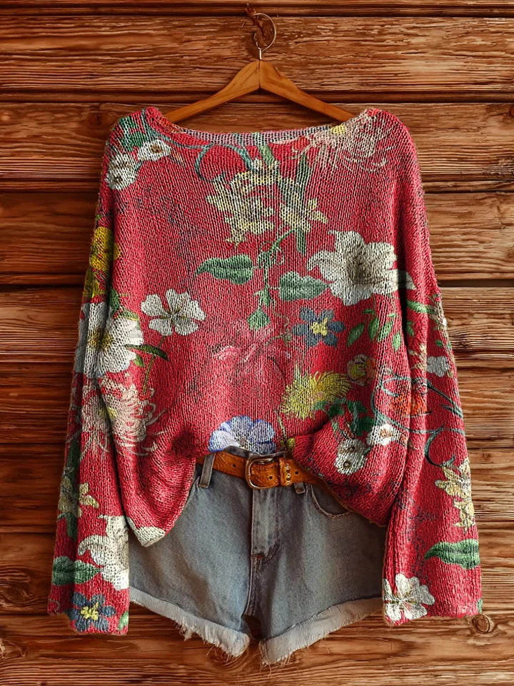 Women's Floral Printed Long Sleeve Pullover Top Brushed Loose Fit