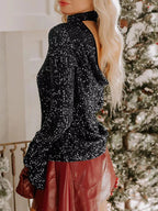 Sarah Express Women's Sequin Mock Neck Bell Sleeve Top - Backless Drape Design