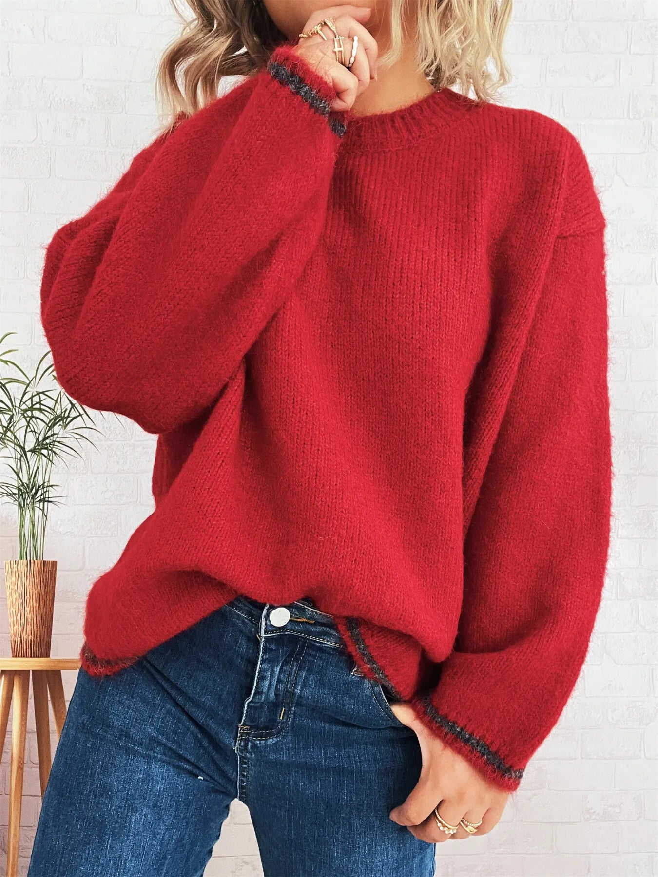 Sarah Express Women's Contrast Trim Round Neck Cozy Sweater Red One Size