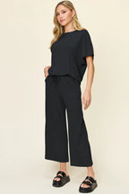 Sarah Express Women's Textured Round Neck T-Shirt and Wide Leg Pants Set