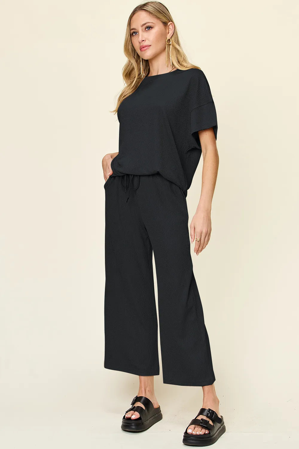 Sarah Express Women's Textured Round Neck T-Shirt and Wide Leg Pants Set