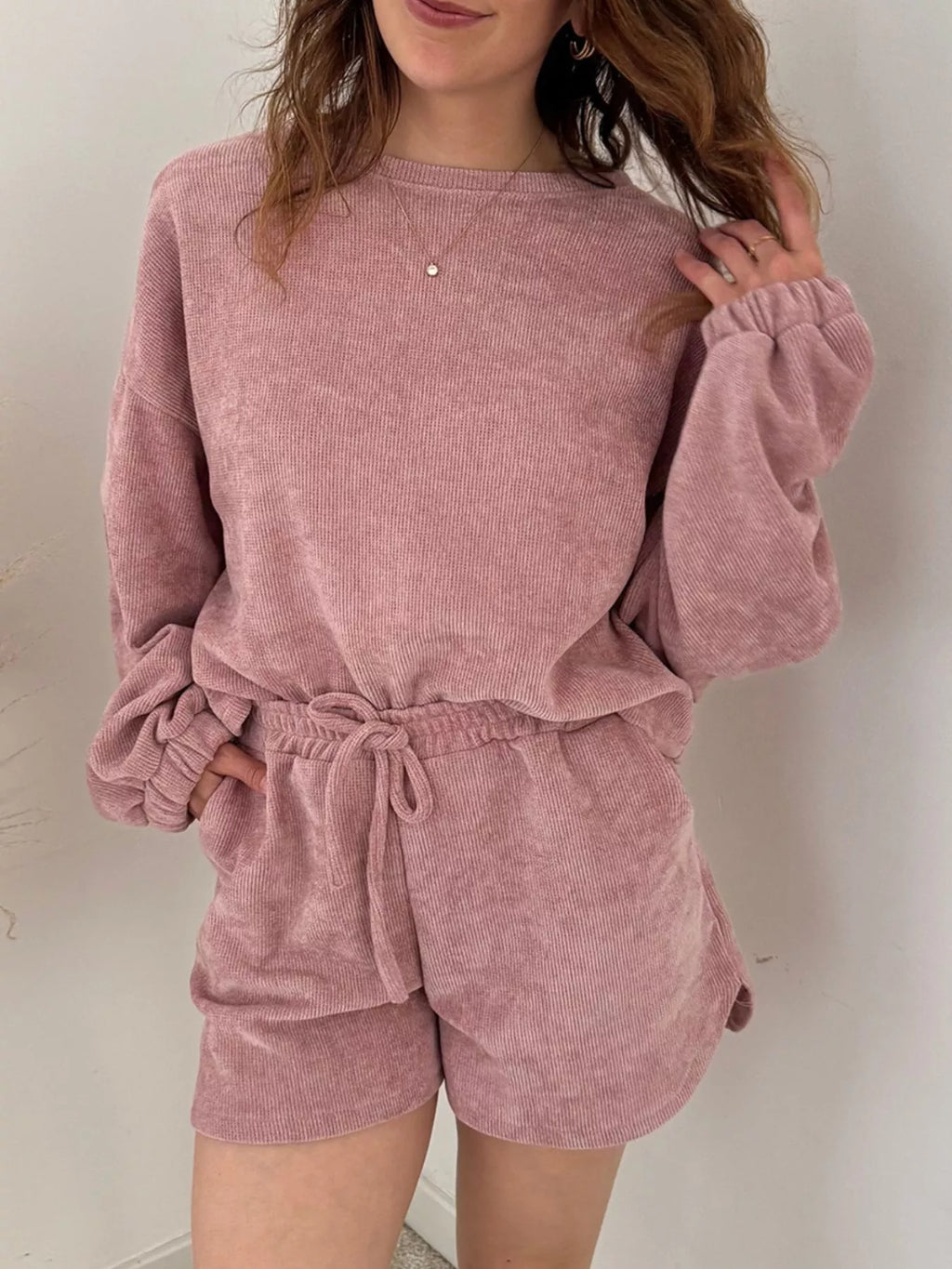 Sarah Express Women's Round Neck Dropped Shoulder Top and Drawstring Shorts Set