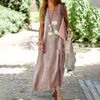 Sarah Express Cotton Linen Embroidered V-Neck Retro Midi Dress