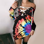 Women's Off-Shoulder Graffiti Print Lace-Up Long Sleeve Top