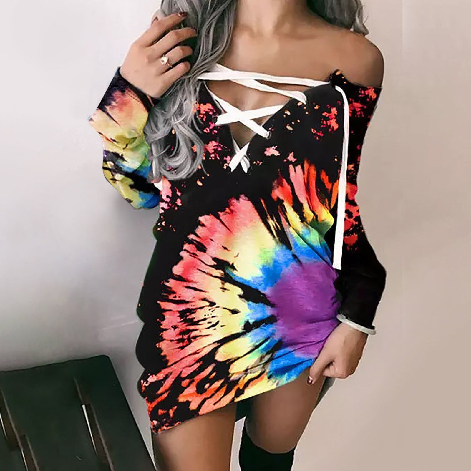 Women's Off-Shoulder Graffiti Print Lace-Up Long Sleeve Top