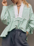 Sarah Express Women's Stripe Half Zip Long Sleeve Swing Top Gum Leaf