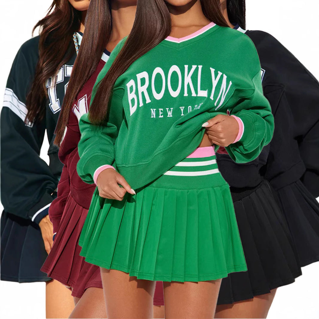 Women's Letter Print V-Neck Sweater Pleated Skirt Two-Piece Set