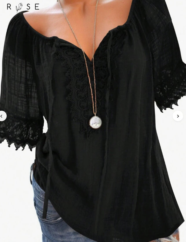 Women's Boho Lace Trim V-Neck Casual Shirt