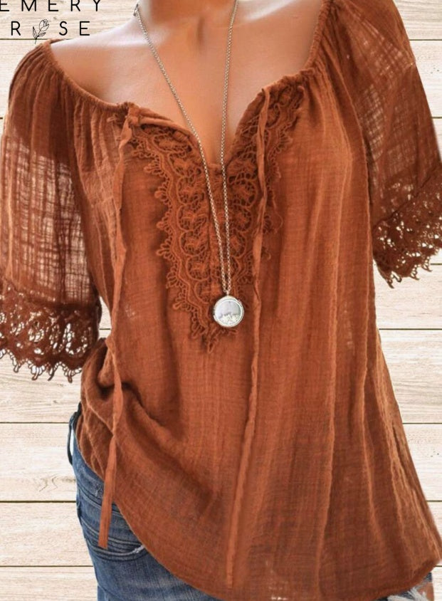 Women's Boho Lace Trim V-Neck Casual Shirt