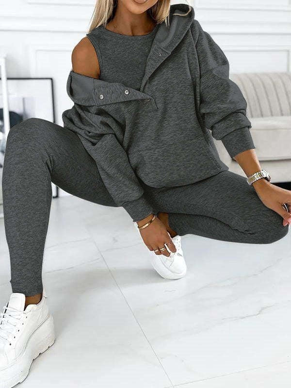 Women's Athleisure Hoodie Vest Leggings 3-Piece Activewear Set