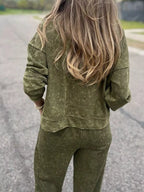 Sarah Express Women's Full Size Washed Round Neck Top and Drawstring Pants Set Plus Size