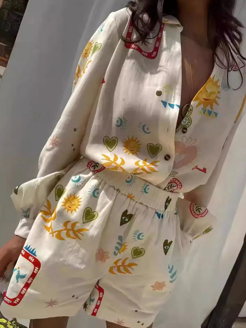 Sarah Express Women's Printed Long Sleeve Shirt and Shorts Set