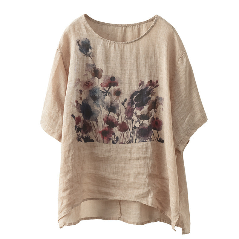 Vintage Ink Print High-Low Hem T-Shirt Hemp Blend Short Sleeve