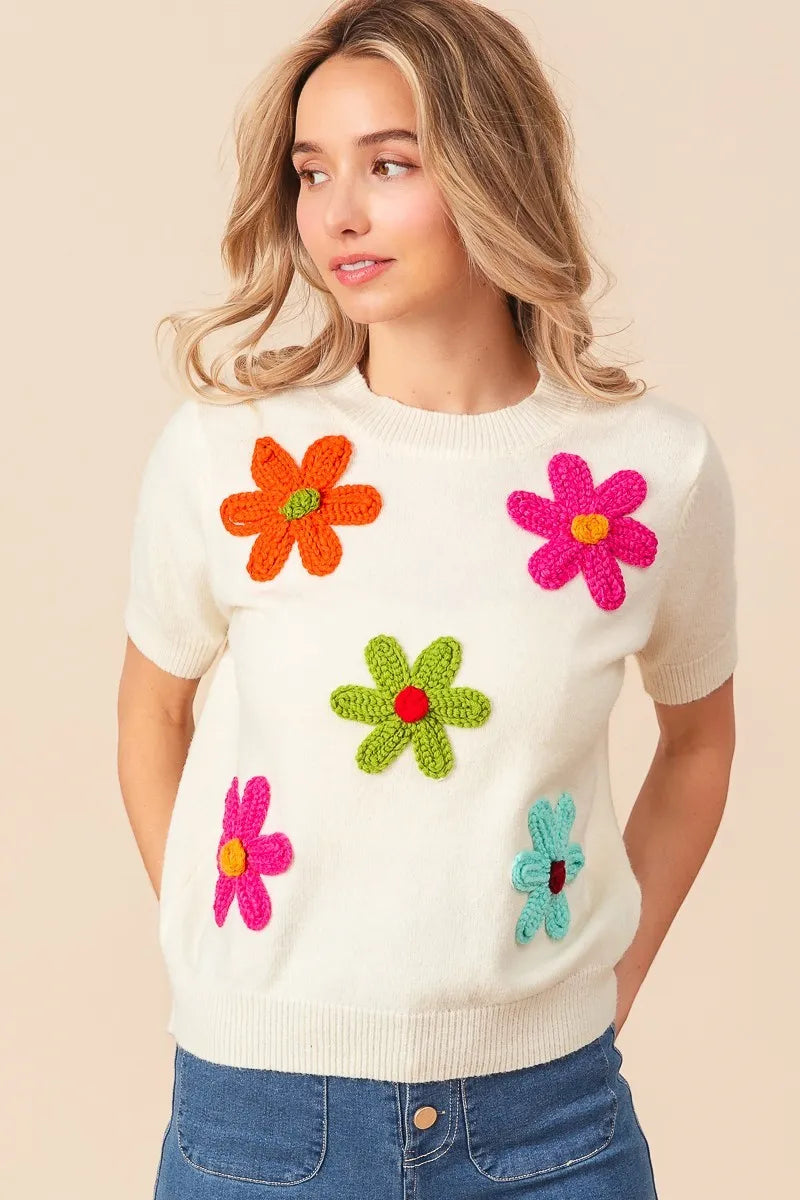 Sarah Express Women’s Short Sleeve Sweater with Crochet Flower Patches
