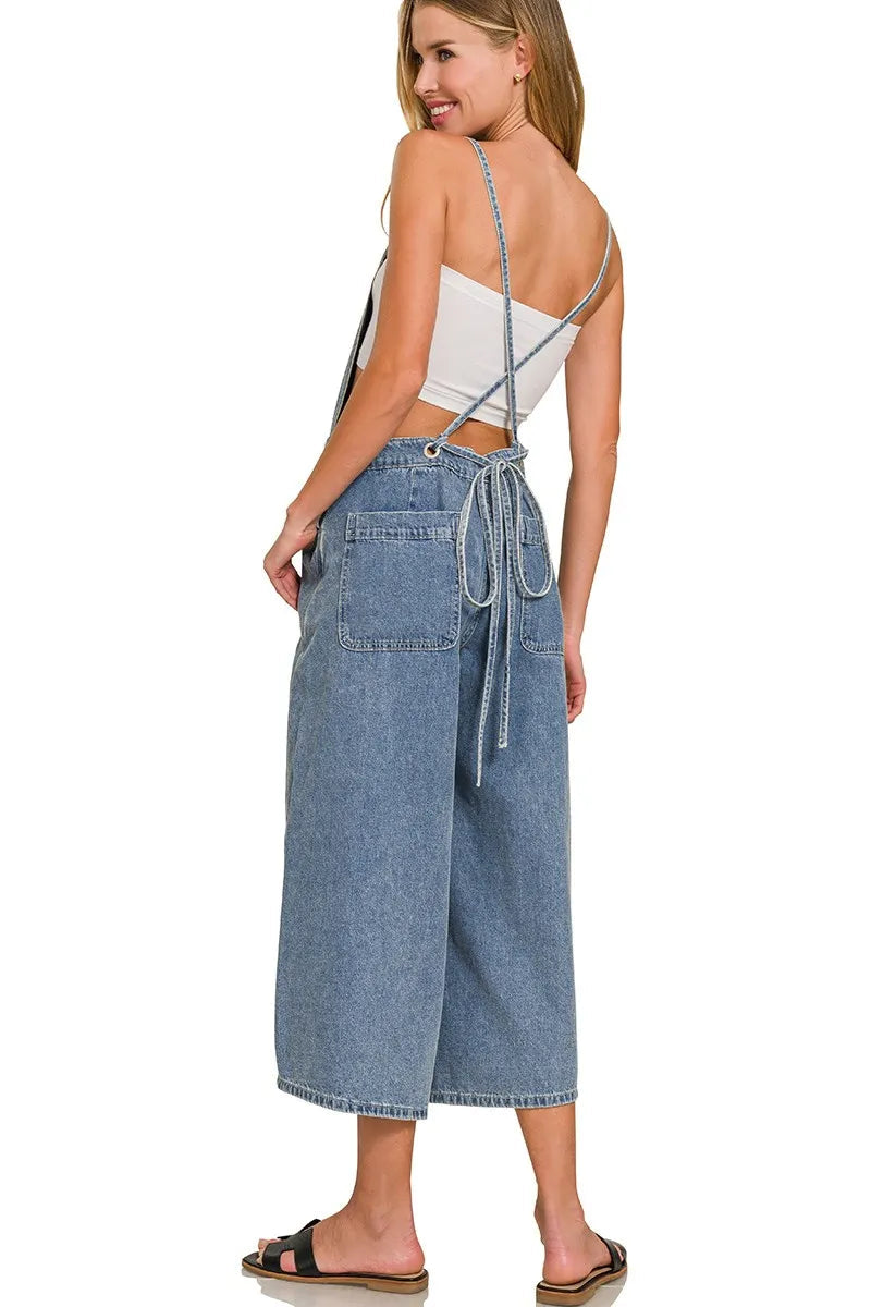 Sarah Express Women's Wide Leg Denim Overalls - Medium Wash Cotton for Casual & Weekend