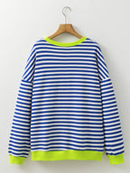 Sarah Express Women's Striped Contrast Ribbed Trim Drop Shoulder Sweatshirt