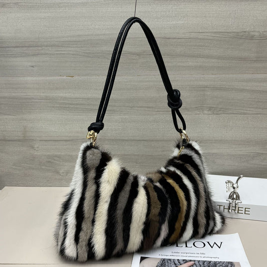 Sarah Express Handheld Plush Baguette Bag – Mink Fur & Synthetic Leather Mini Handbag
