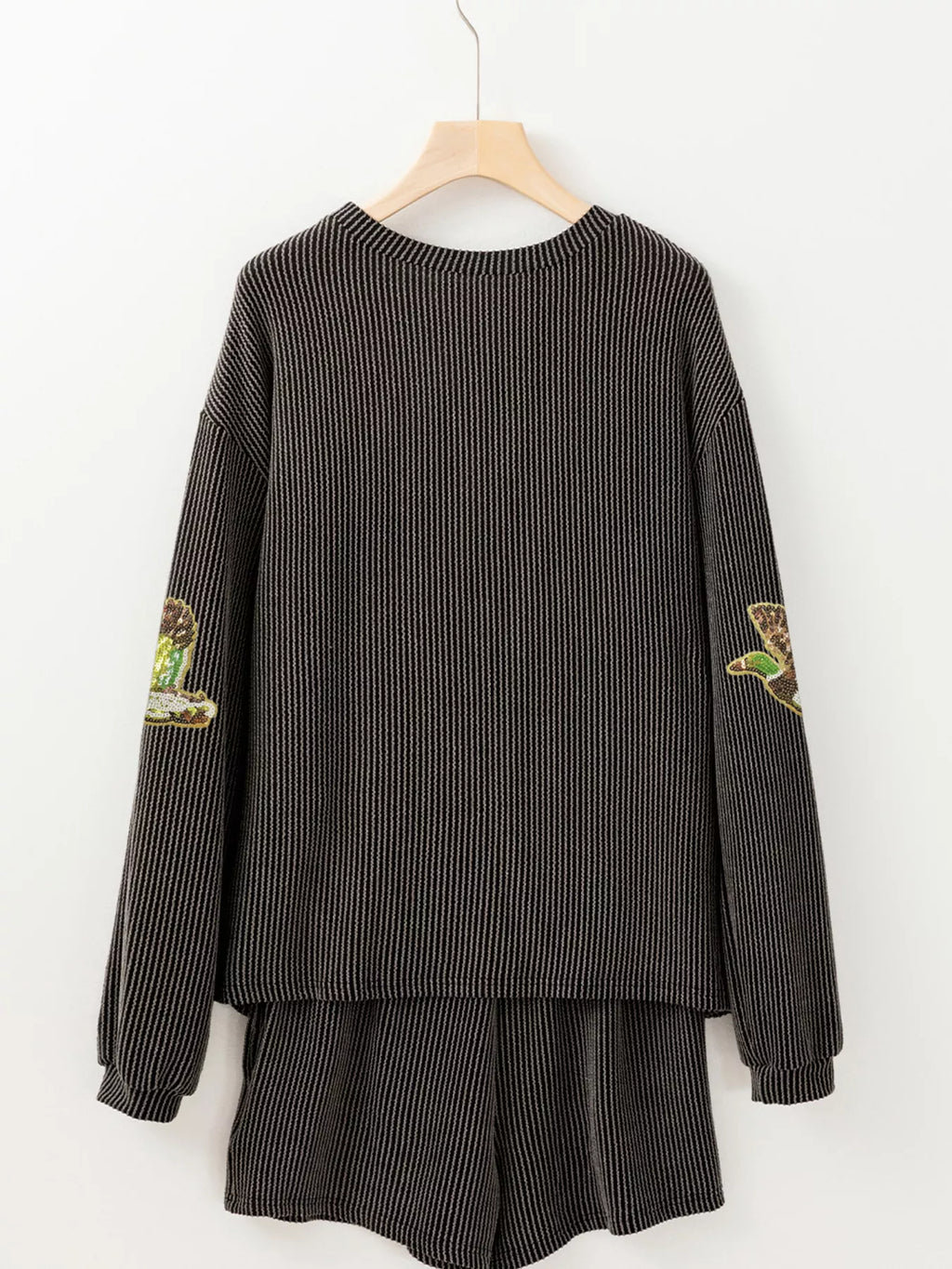 Sarah Express Women's Flying Mallard Sequin Patched Ribbed Long Sleeve Top and Shorts Set