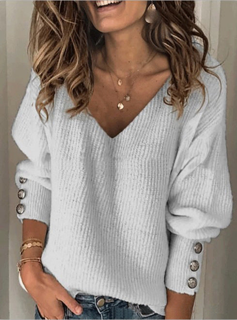 Women's Knitted V-Neck Long Sleeve T-Shirt Loose Fit