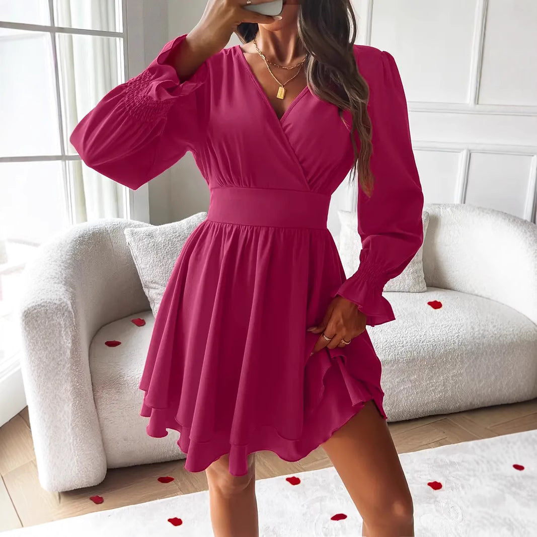 Women's V-Neck Long Sleeve Double Layer Skirt Work Dress