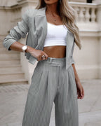 Striped Cropped Blazer Straight Pants Suit Set Long Sleeve Lapel Two-Piece