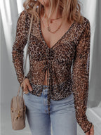 Sarah Express Women's Leopard Sheer Mesh Long Sleeve V Neck Lace-Up Blouse