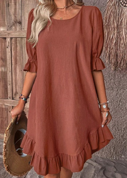 Ruffle Hem Flounce Sleeve Cotton Dress