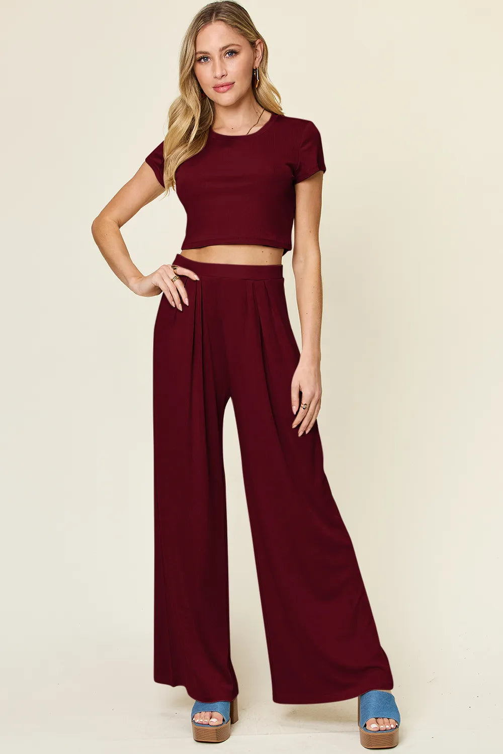 Sarah Express Women's Round Neck Top and Pants Lounge Set - Two Piece Outfit Burgundy
