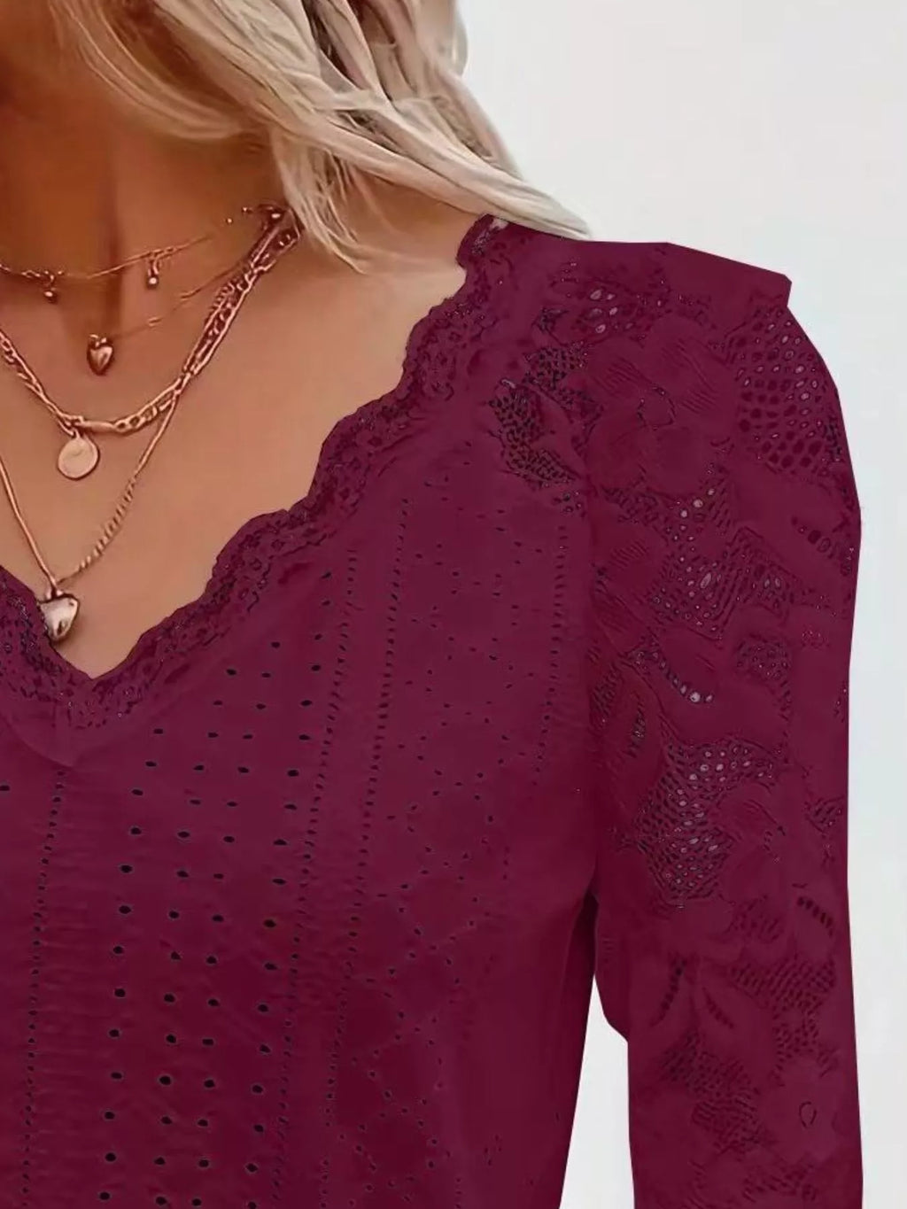 Sarah Express Women's Eyelet Lace Sleeve V-Neck Blouse