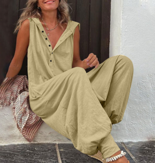 Button-Front Hooded Sleeveless Jumpsuit with Trousers