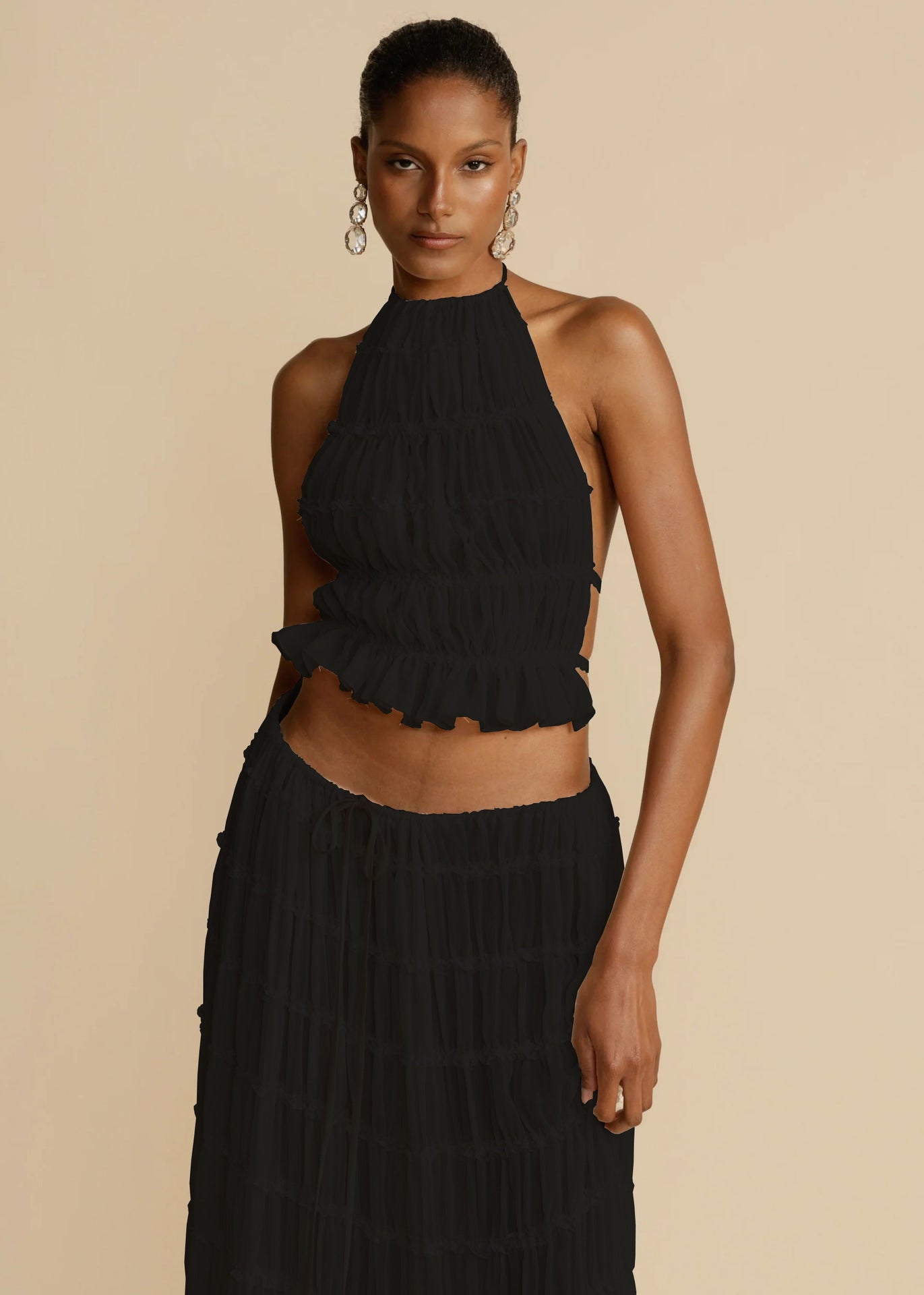 Women's Two-Piece Halter Top Pleated Maxi Skirt Set Backless Cropped Beach Outfit