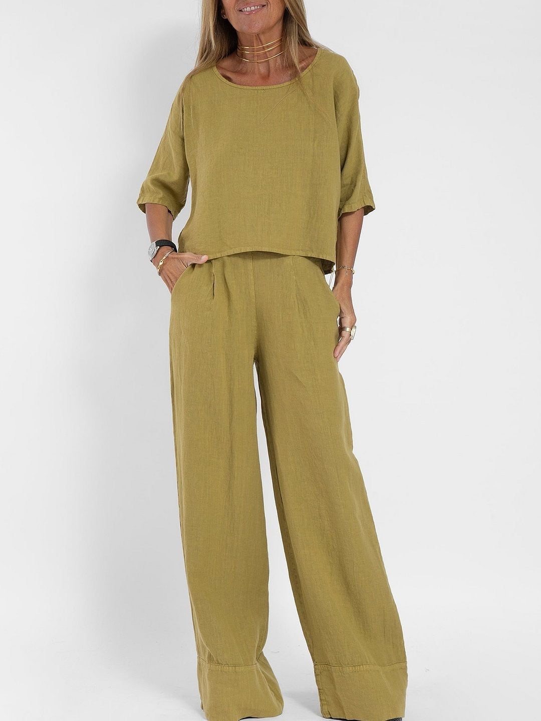 Cotton Linen Two-Piece Pants Suit Cropped Sleeve Wide Leg Casual Set