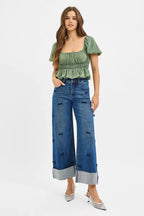Sarah Express Women’s High Rise Crop Wide Leg Jeans with Ribbon Detail
