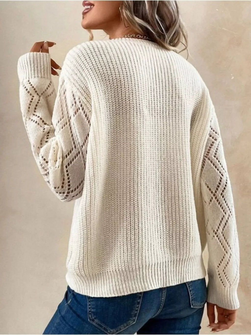 Sarah Express Women's Openwork V-Neck Long Sleeve Sweater