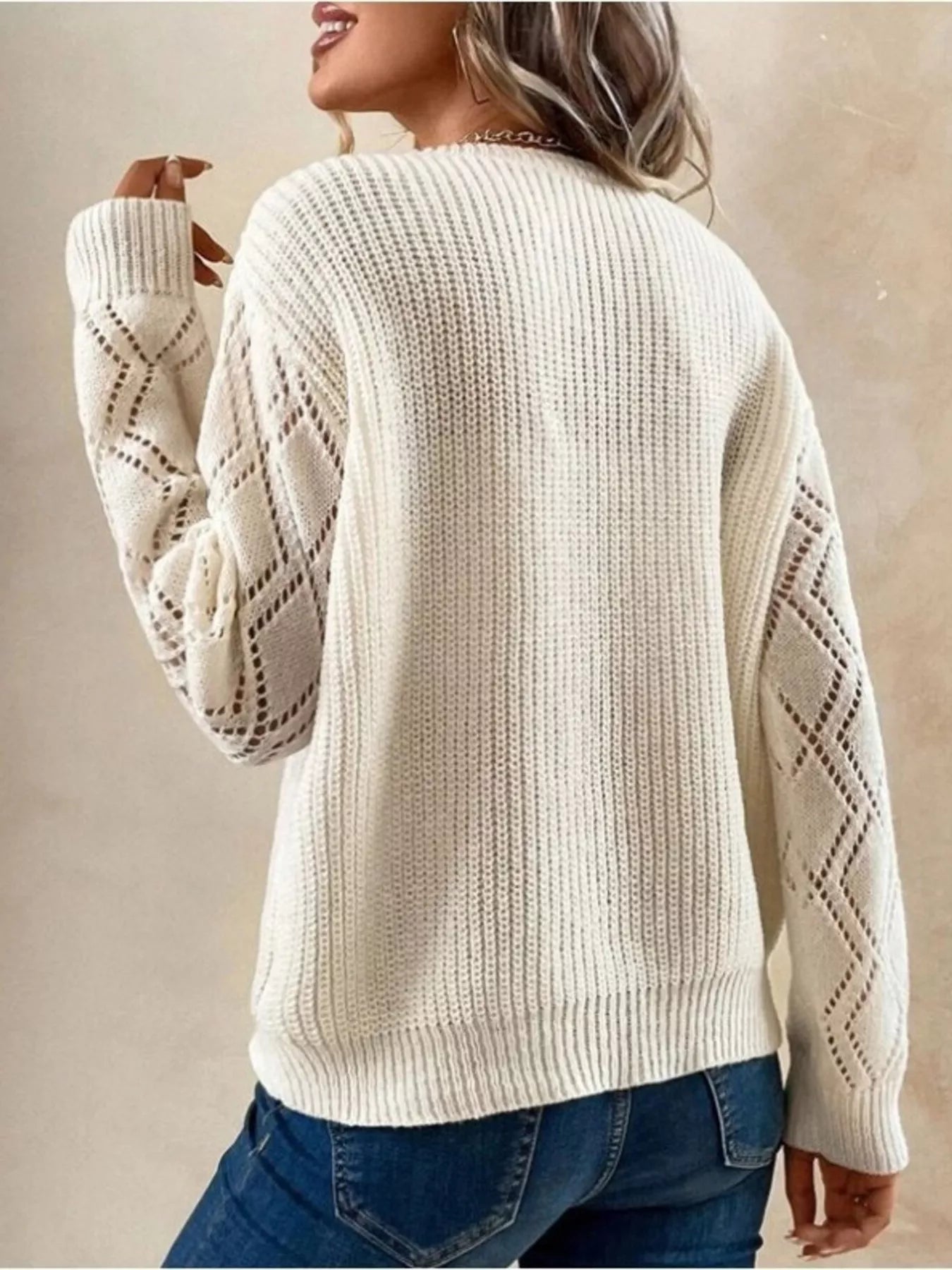 Sarah Express Women's Openwork V-Neck Long Sleeve Sweater
