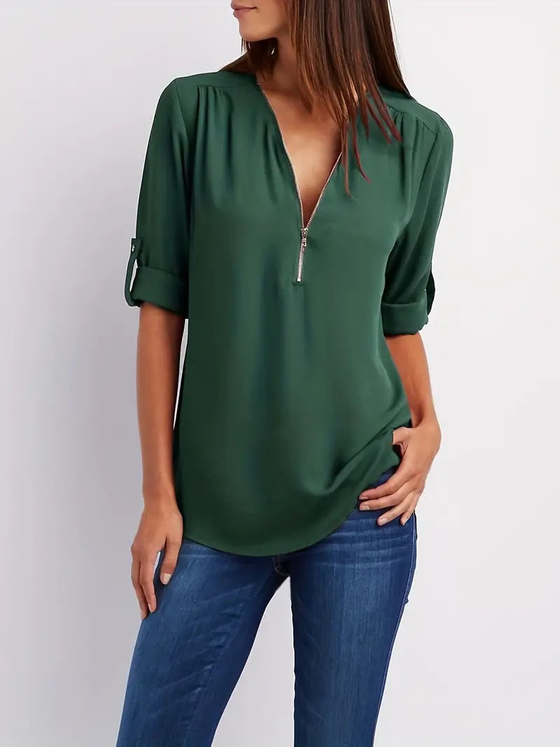 Ruched Half Zip V-Neck Blouse with Rollable Sleeves