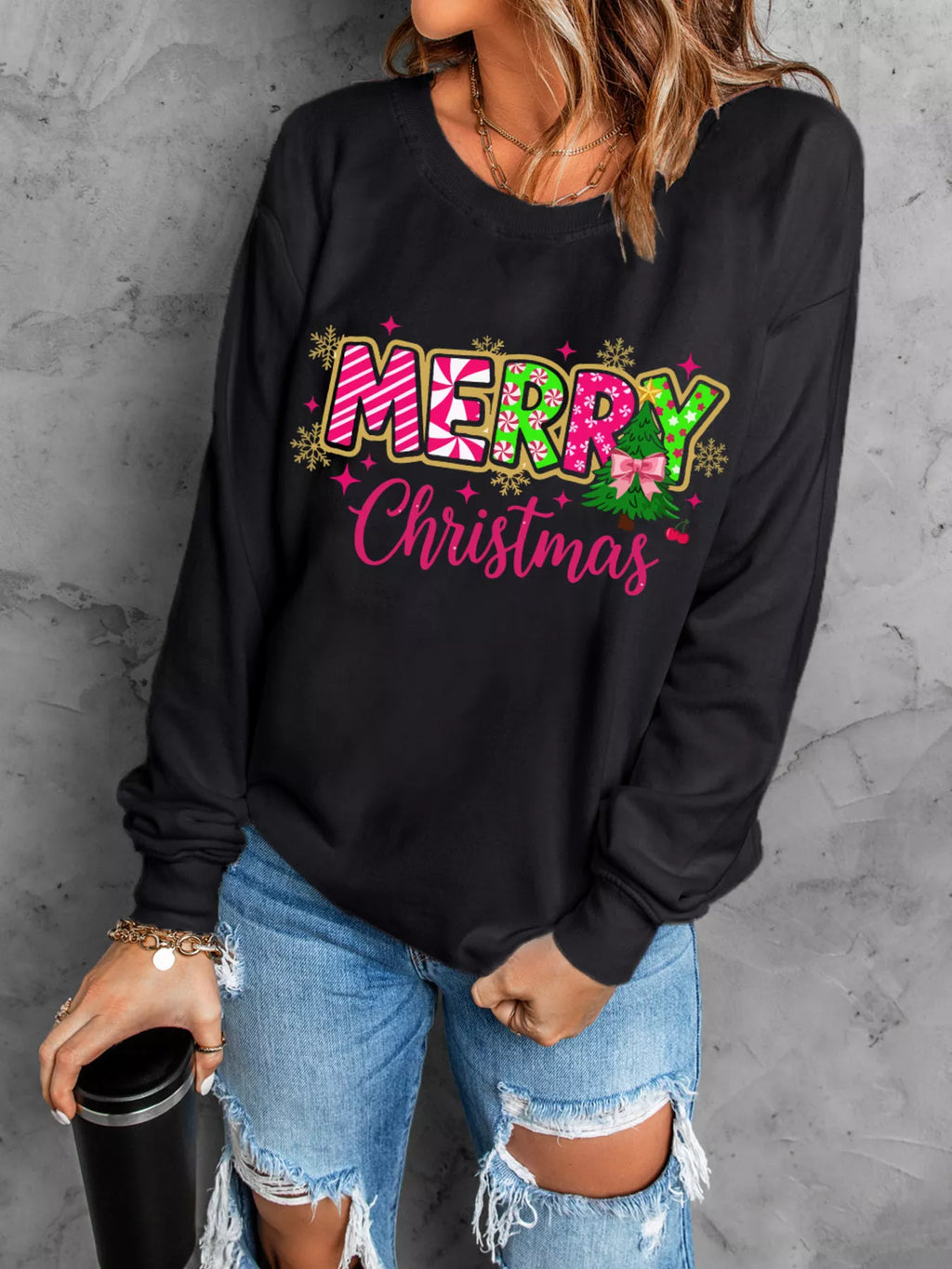 Sarah Express Women's MERRY Christmas Letter Graphic Drop Shoulder Sweatshirt