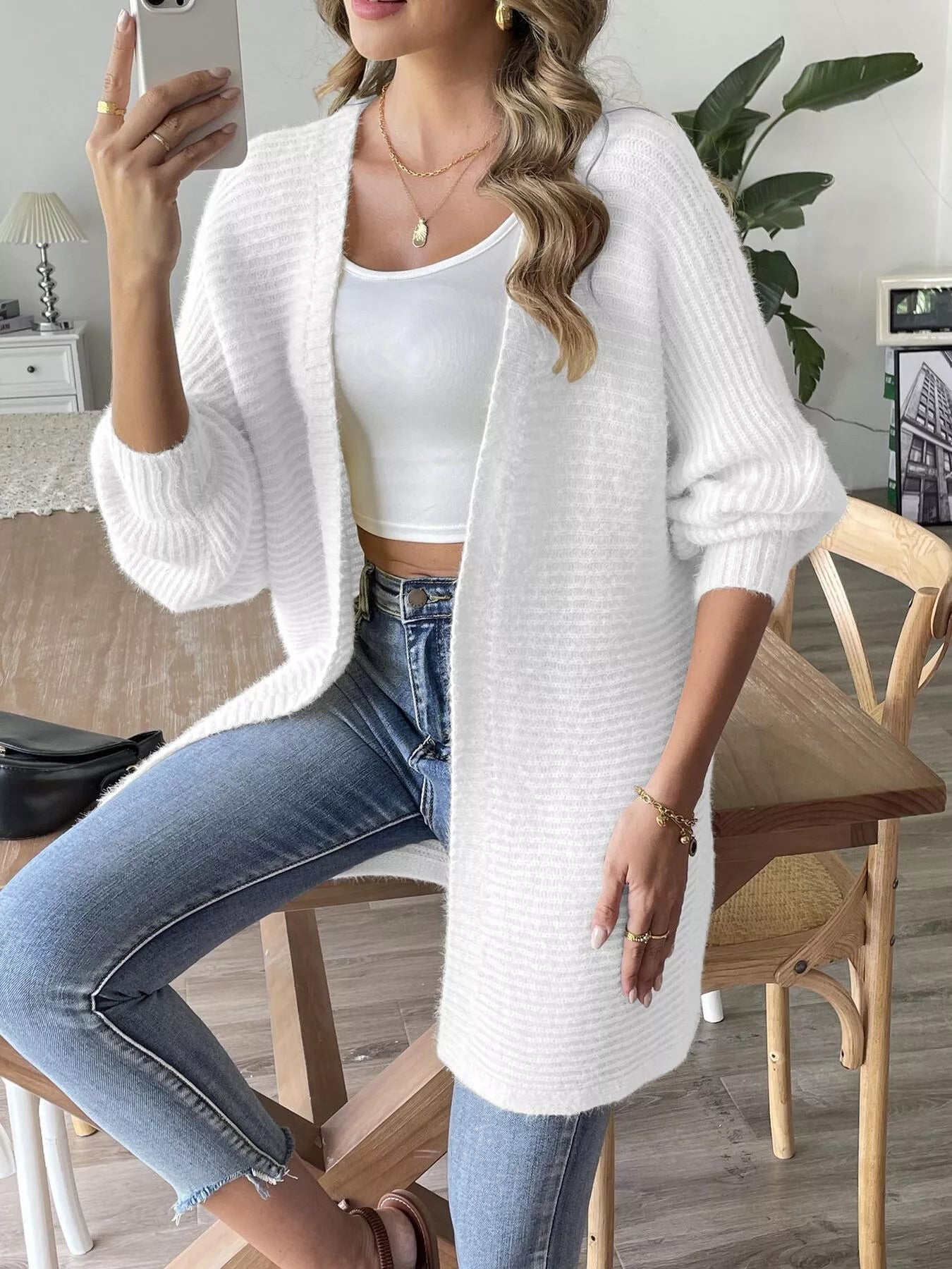 Sarah Express Women's Open Front Drop Shoulder Cardigan - Ribbed Knit Sweater White