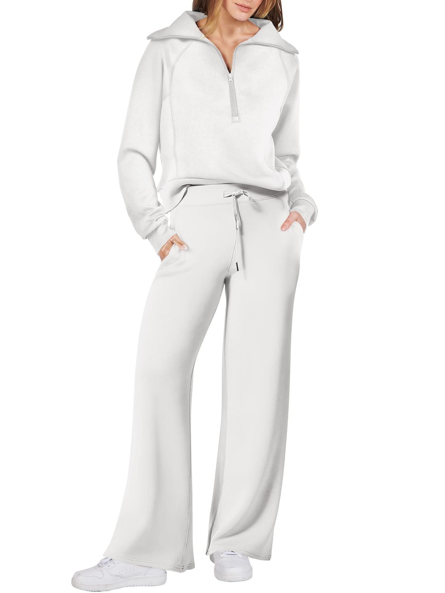 Women's Long Sleeve Zipper Sweatshirt and Wide-Leg Pants Athleisure Set