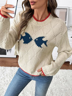 Sarah Express Women's Fish Pattern Round Neck Sweater