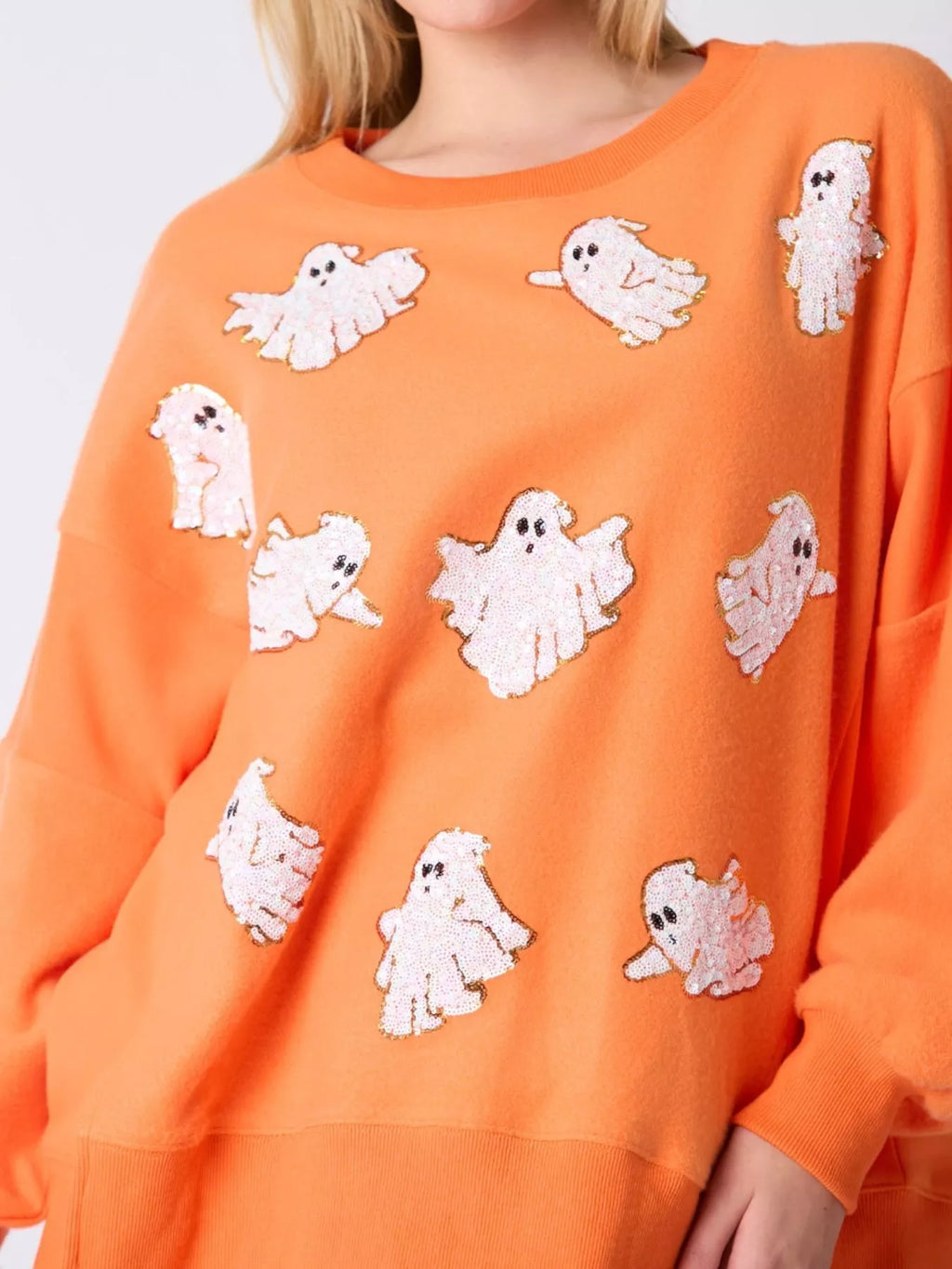 Sarah Express Women's Halloween Sequin Ghost Oversized Sweatshirt