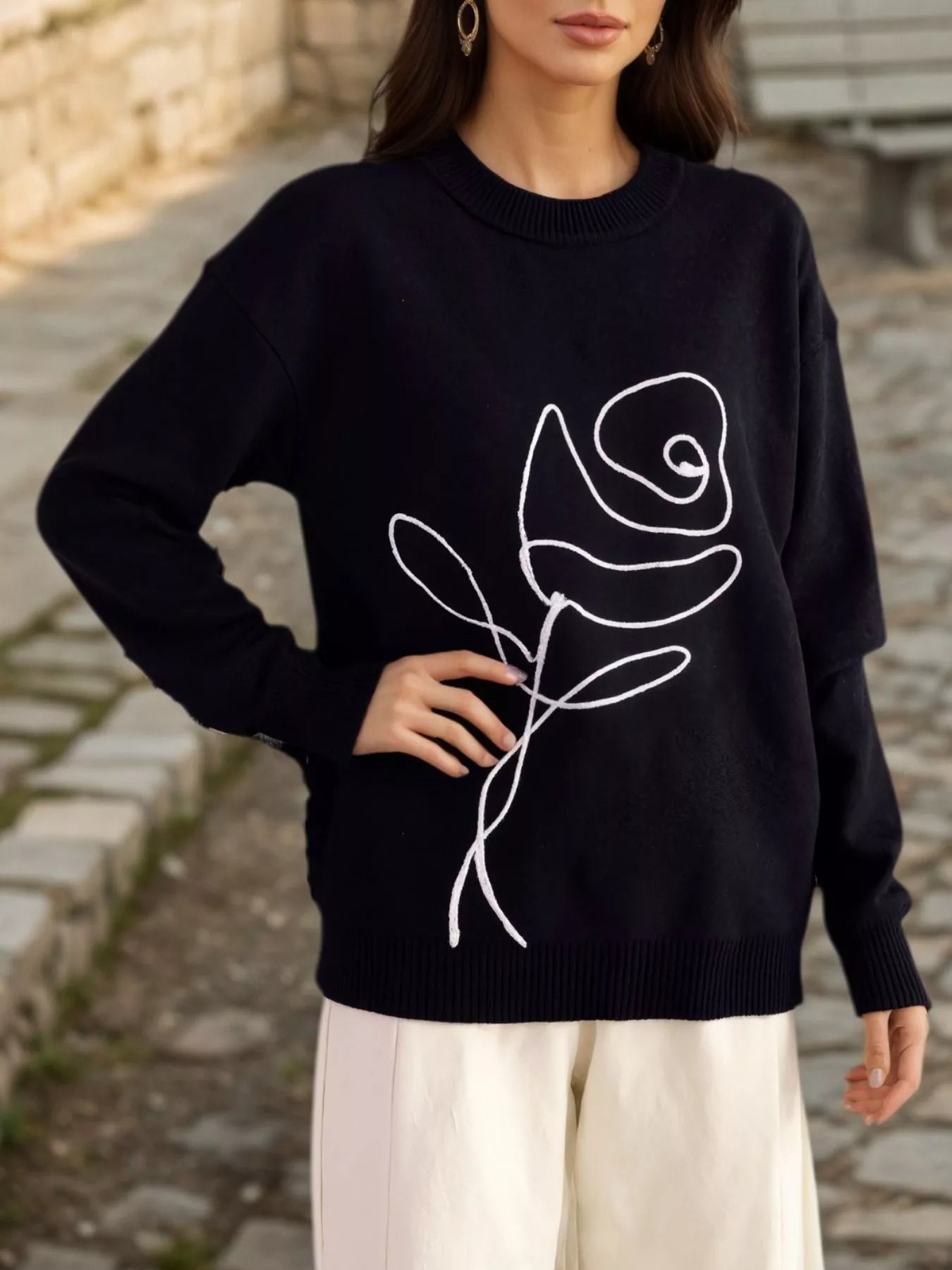 Sarah Express Women's Flower Round Neck Dropped Shoulder Sweater